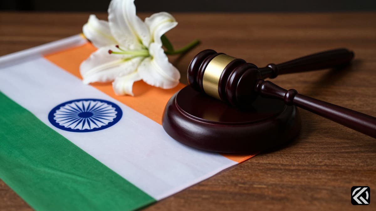 Gavel and Indian flag on desk symbolizing justice and mourning