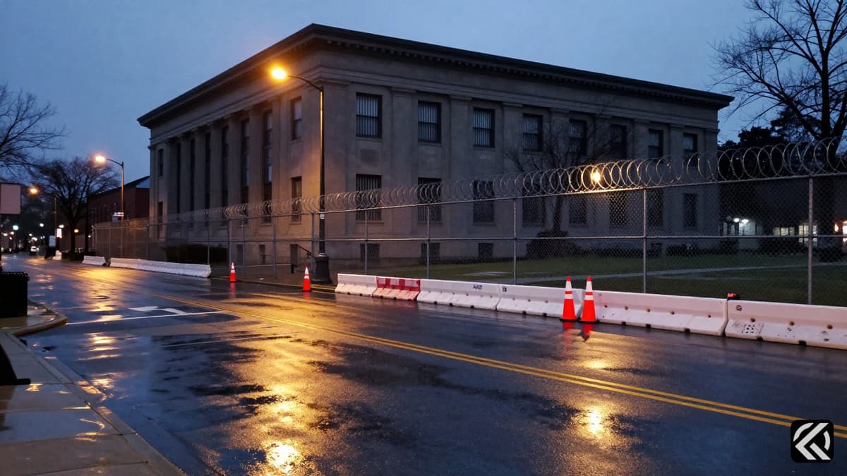 Barred detention center building behind police barricades on a wet street at dusk.