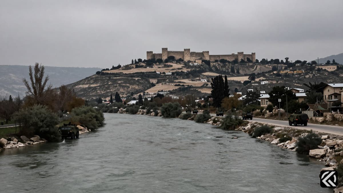 Military vehicles near the Litani River with Beaufort Castle in the background under stormy skies.