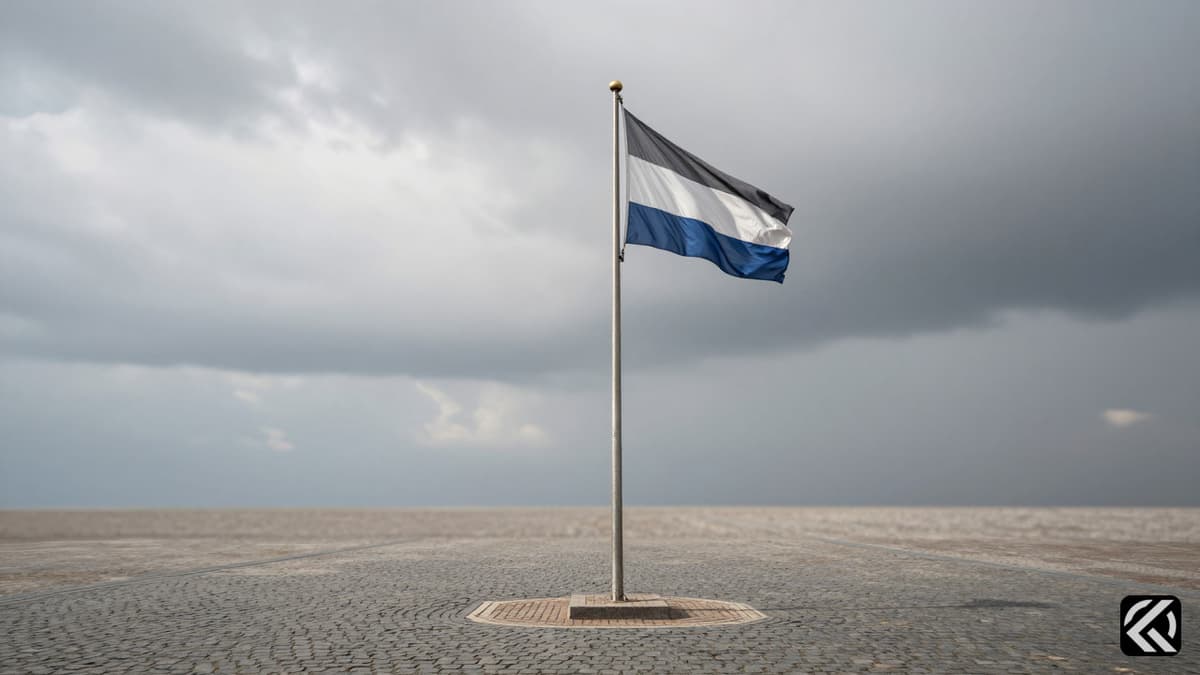 A rolled-up political flag on a pole against a cloudy sky, symbolizing uncertainty.