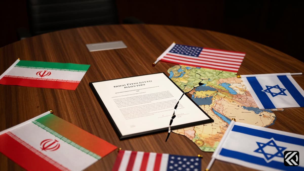 Broken diplomatic documents and shattered peace treaty on a table with Middle Eastern flags symbolizing failed negotiations.