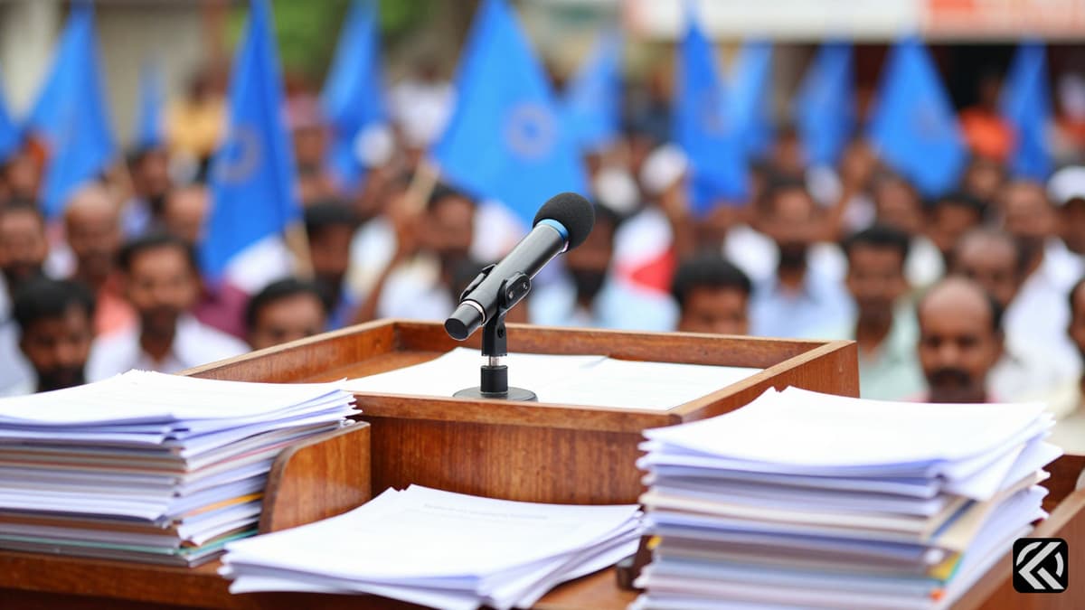 Wooden podium with microphone in Tamil Nadu political setting with blue flags in background