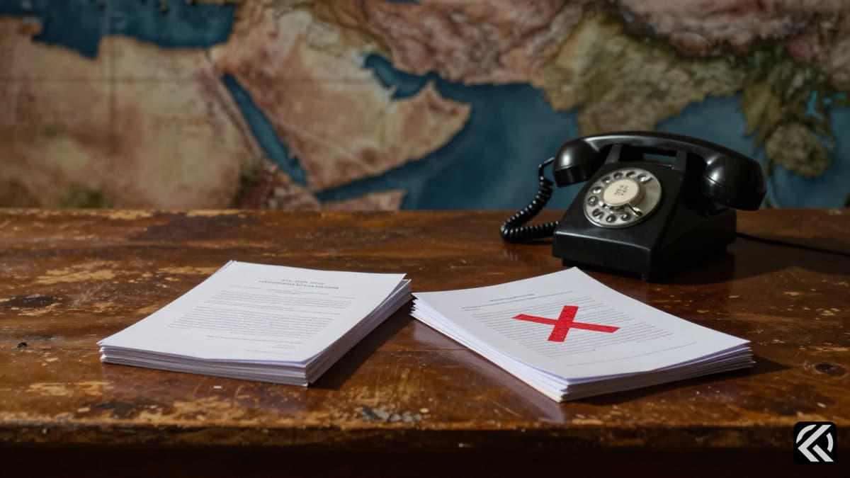 Diplomatic documents pushed apart on a table symbolizing suspended peace talks.