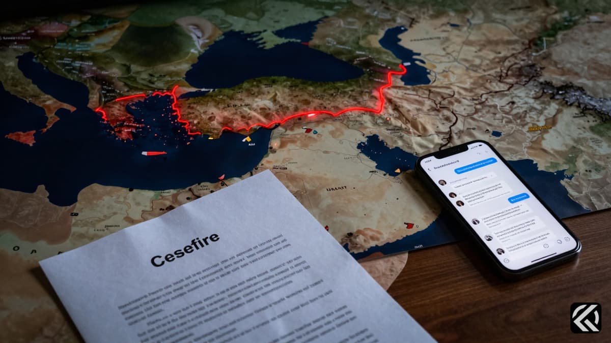 A crumpled ceasefire document on a desk near a map of Lebanon and Israel under dramatic lighting