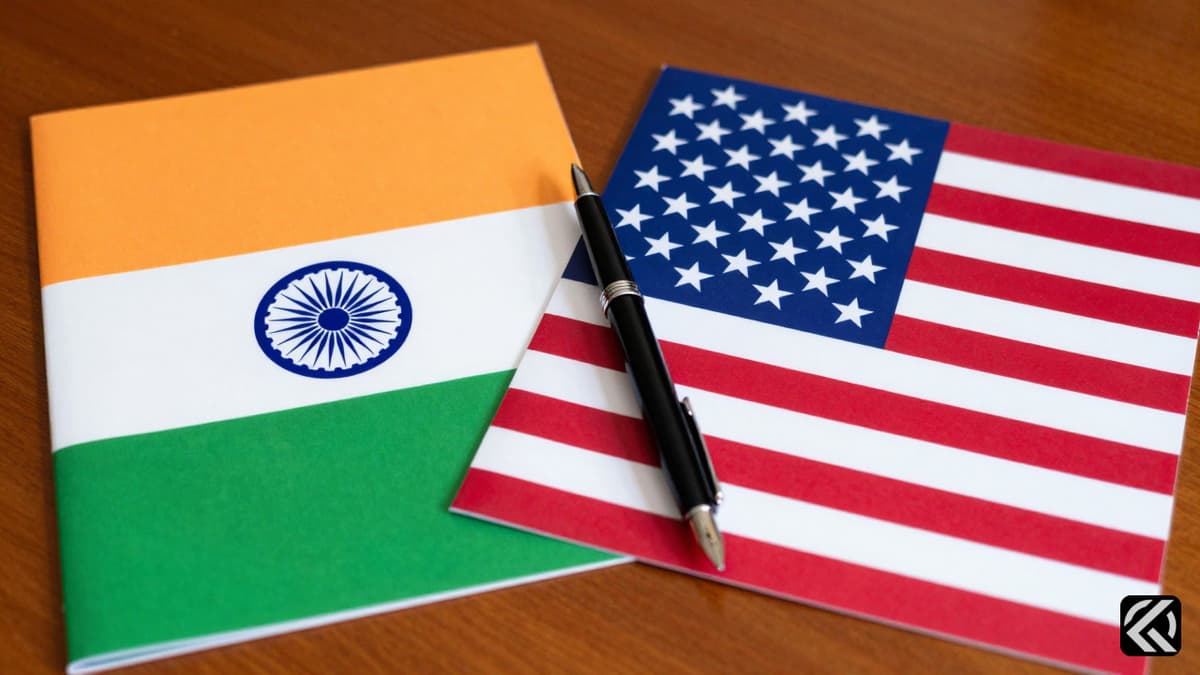 Indian and US flags on diplomatic papers with a pen symbolizing trade deal.