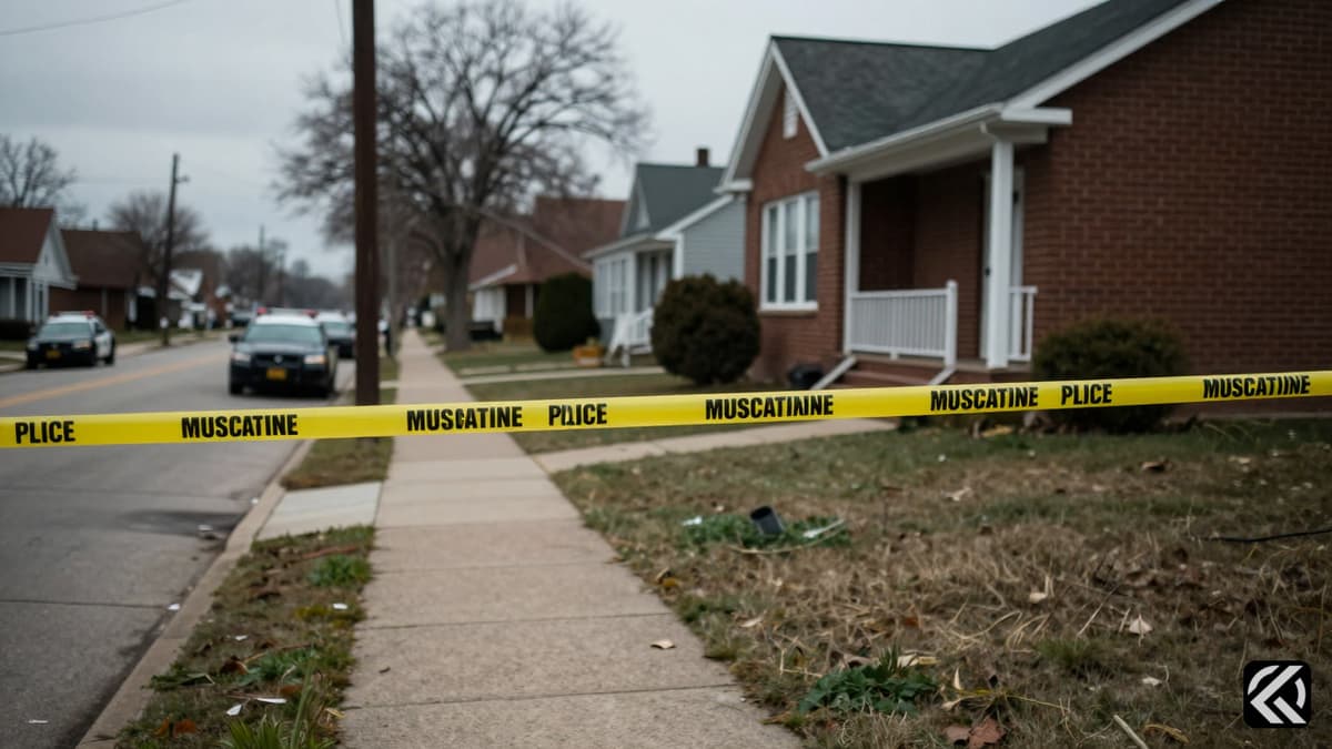 Yellow police tape cordons off a residential street in Muscatine, Iowa, where a fatal shooting spree occurred.