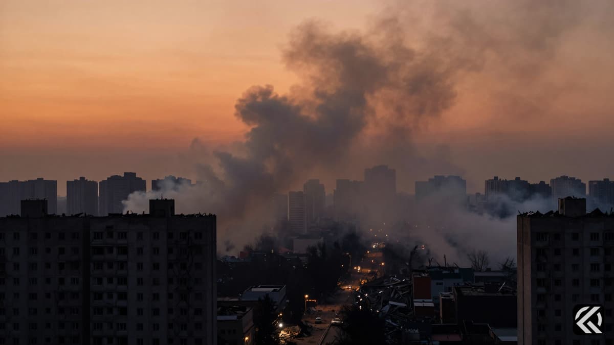 City skyline with smoke rising from damaged buildings and rubble in streets.