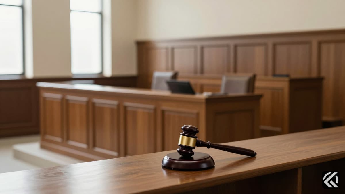 Empty courtroom scene with judge's bench symbolizing legal verdict