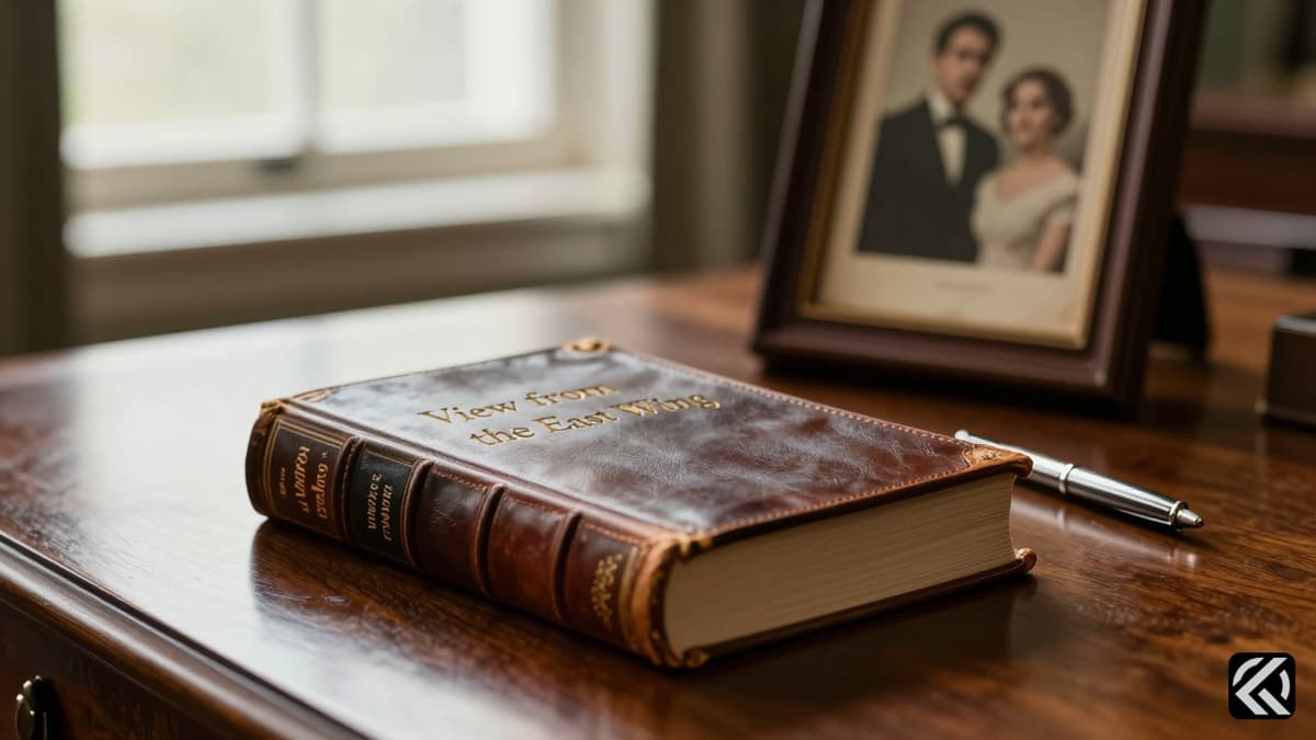 Memoir book and personal items on a desk symbolizing reflection