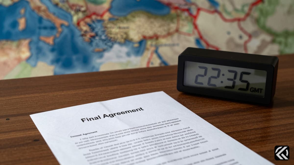 Symbolic image of delayed diplomatic talks with a crumpled agreement draft and map of conflict zones.
