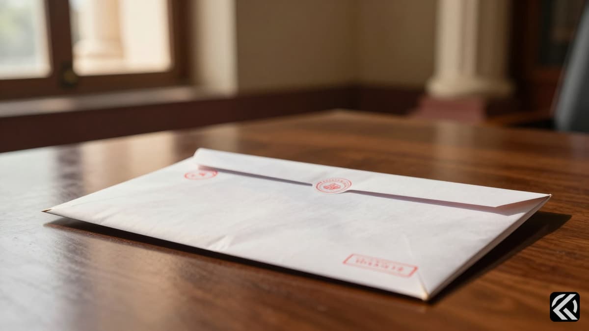 Formal resignation letter and envelope on a wooden desk in a government setting.