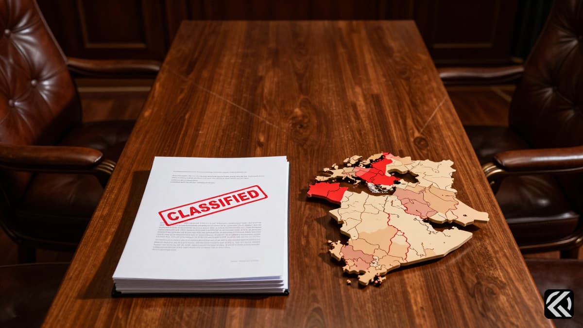 Two leather chairs at a conference table with a classified map document symbolizing diplomatic tension.