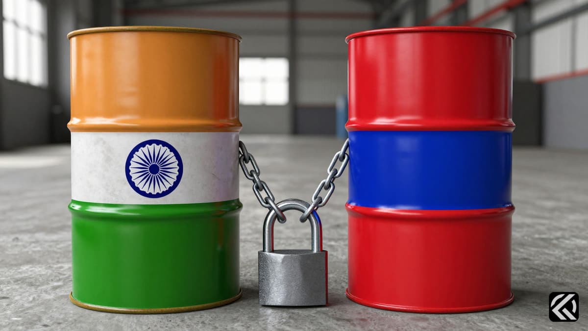 Oil barrels with Indian and Russian flag patterns chained together