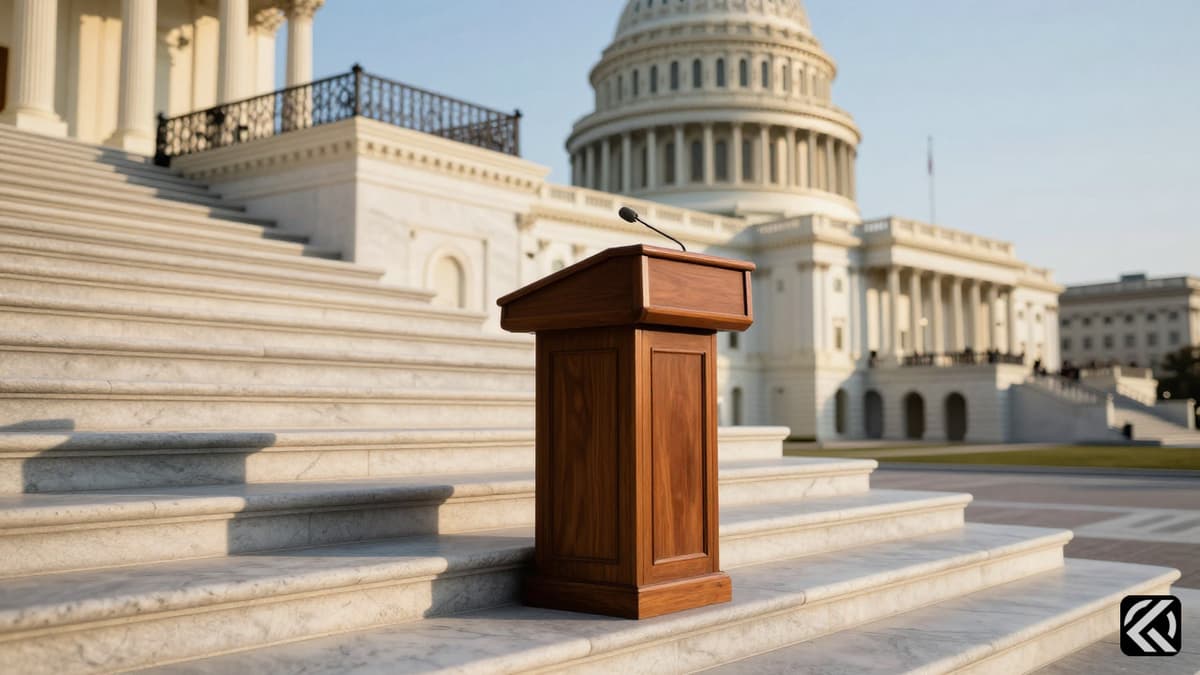 An empty podium on Capitol steps symbolizing political absence and missing representatives.