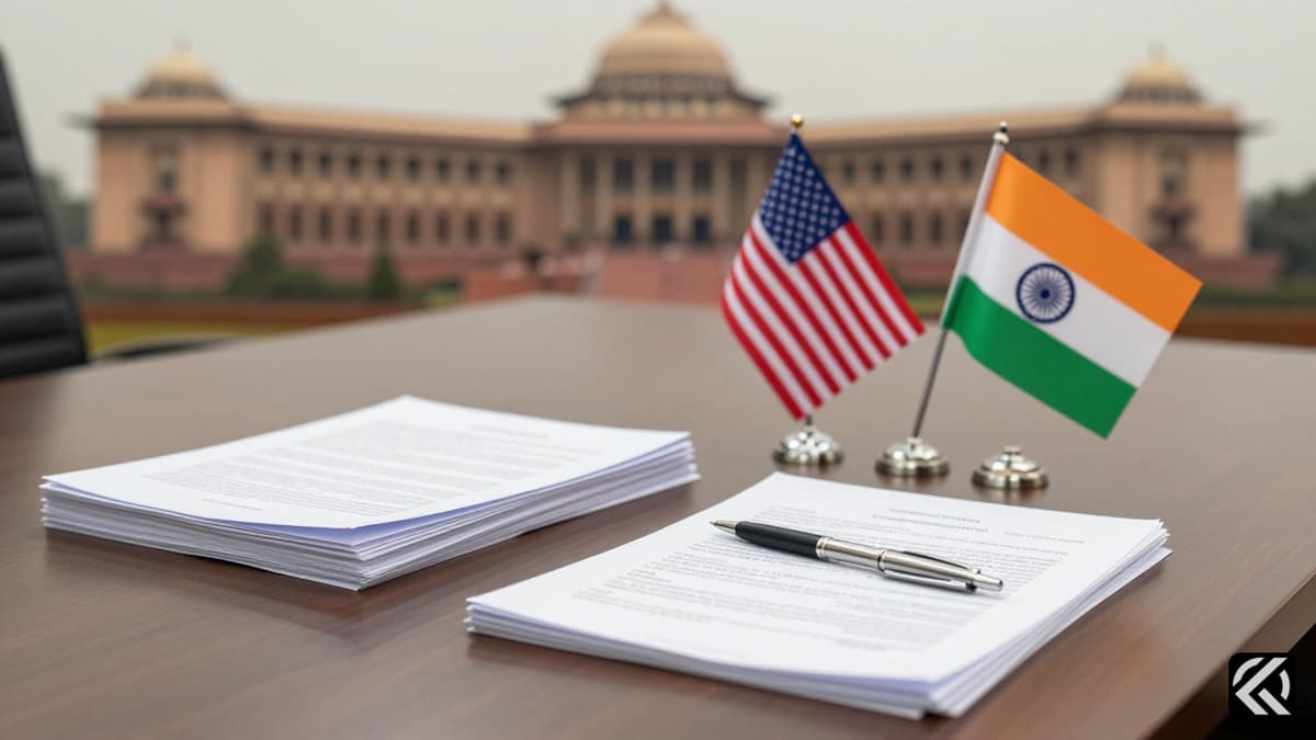 Official documents with US and Indian flags on a conference table in New Delhi.