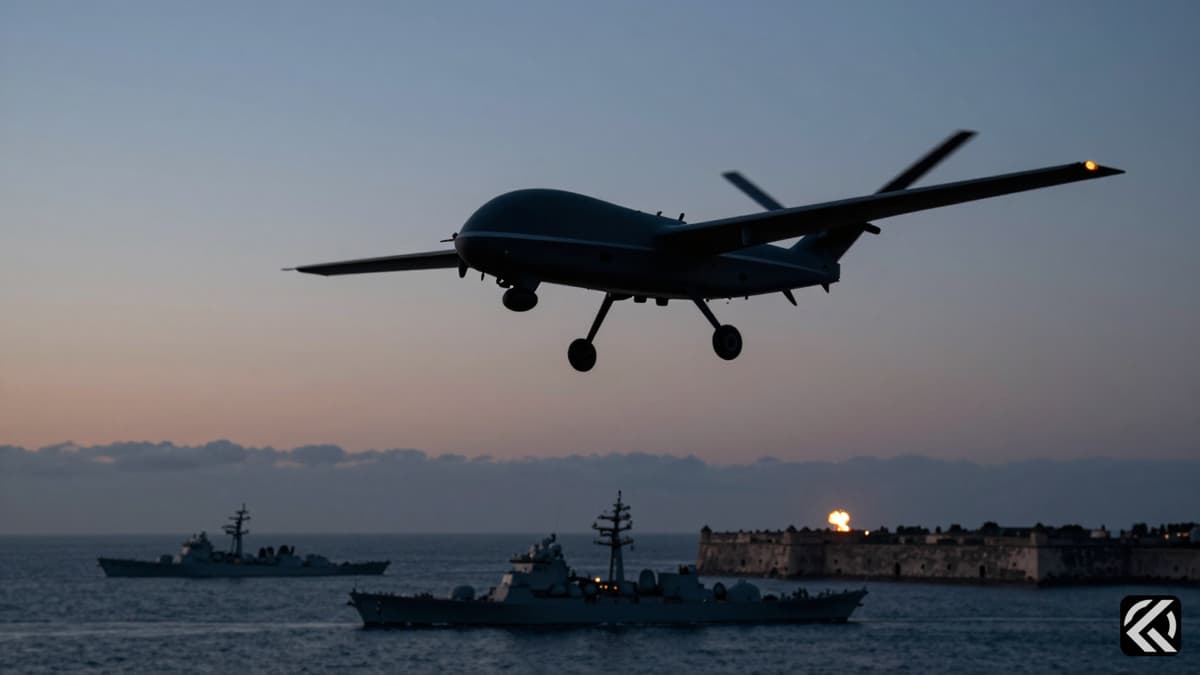 Military drone flying over coastal military installations with distant interception explosions.