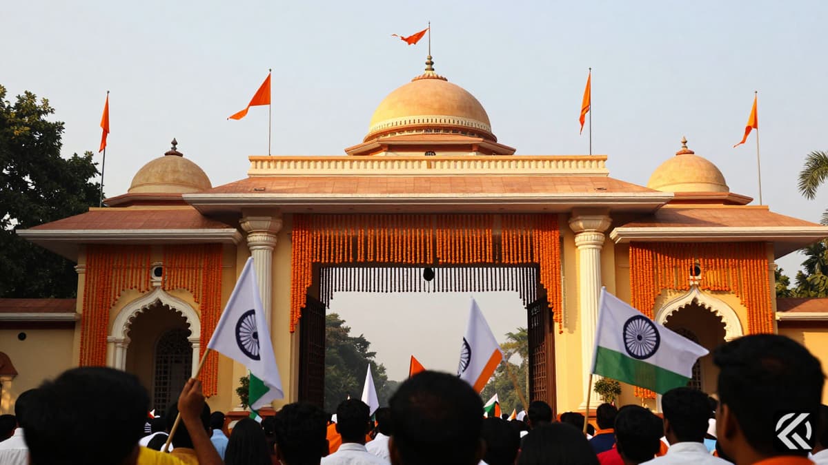 Government building entrance decorated with marigolds and Congress flags for a political ceremony.