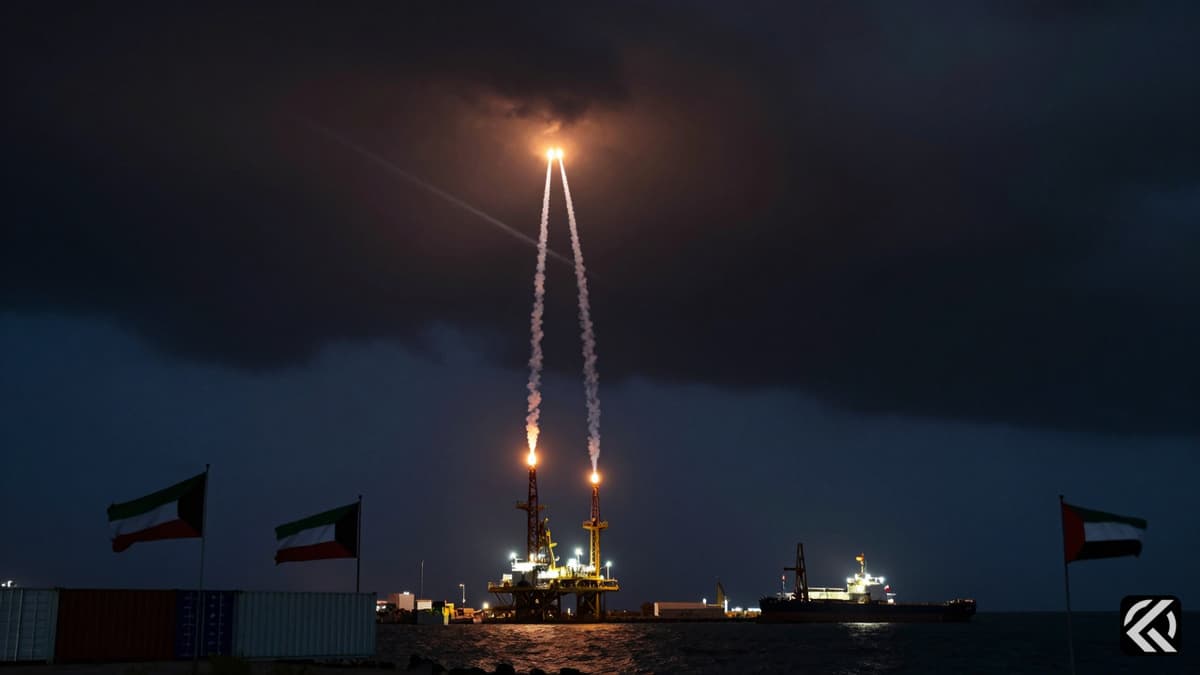 Missile trails streak across the night sky over the Arabian Gulf near oil infrastructure and national flags.
