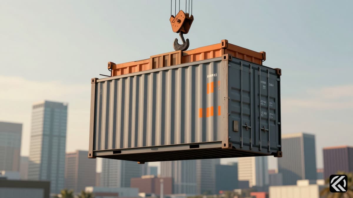 Grey shipping container suspended by crane symbolizing heavy US tariff pressures on global trade