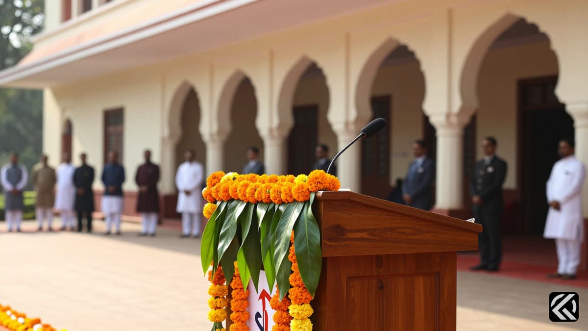 Formal swearing-in ceremony venue at Lok Bhavan with floral podium and official architecture.
