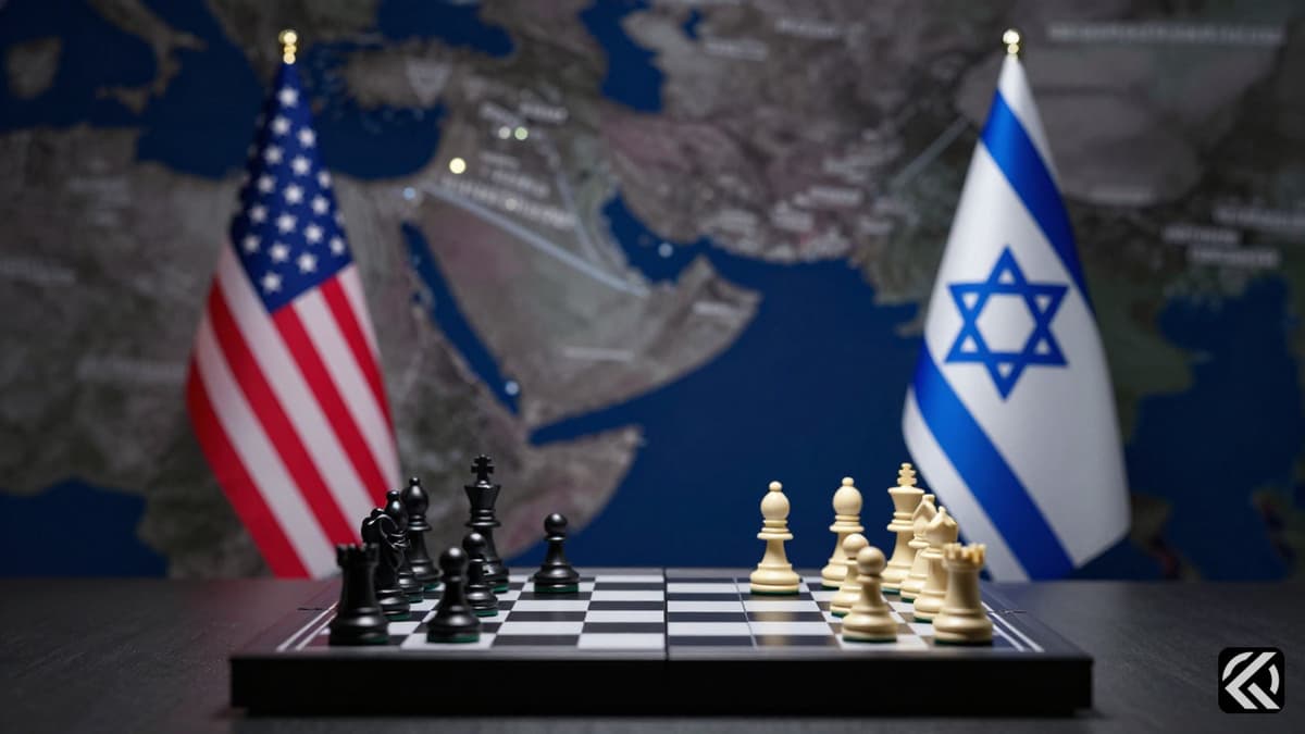 Symbolic flags of the US and Israel over a strategic map highlighting the Strait of Hormuz and Lebanon.