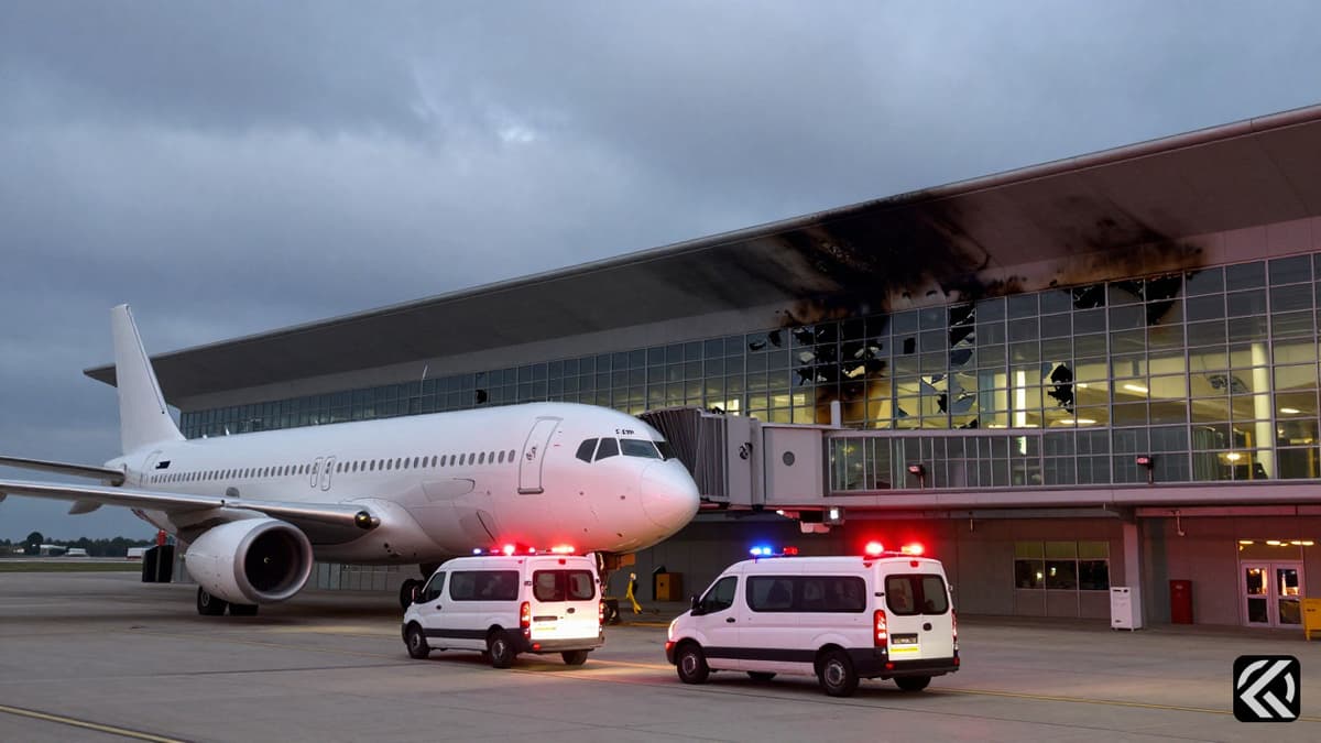 Damaged terminal building with emergency vehicles at dusk