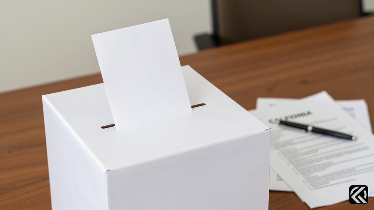 Ballot box with mail-in envelopes on a desk representing the California election count.
