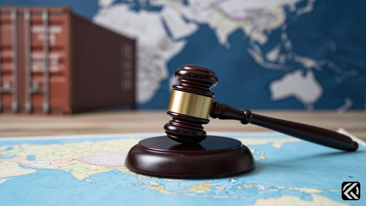 Steel gavel on desk with blurred map of Indian Ocean trade routes symbolizing US India trade dispute.