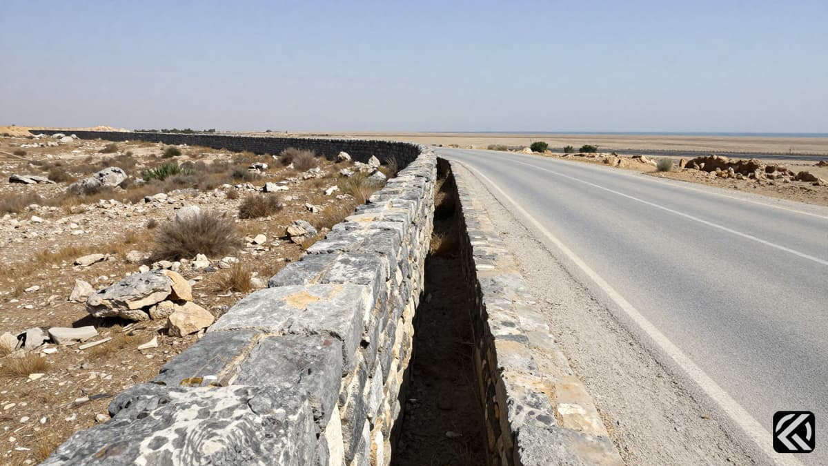 A stone wall divides two landscapes, symbolizing the border between Israel and Lebanon.