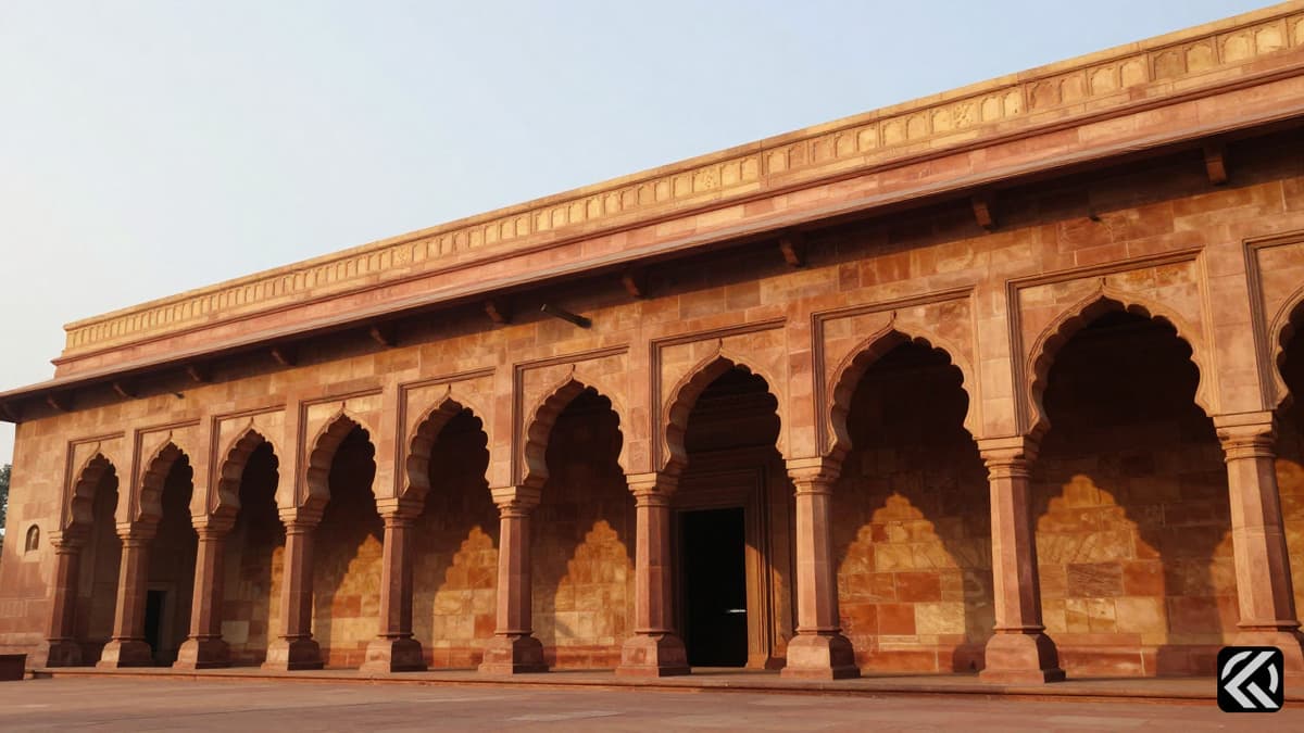 Sandstone facade of Indian Parliament building during golden hour light