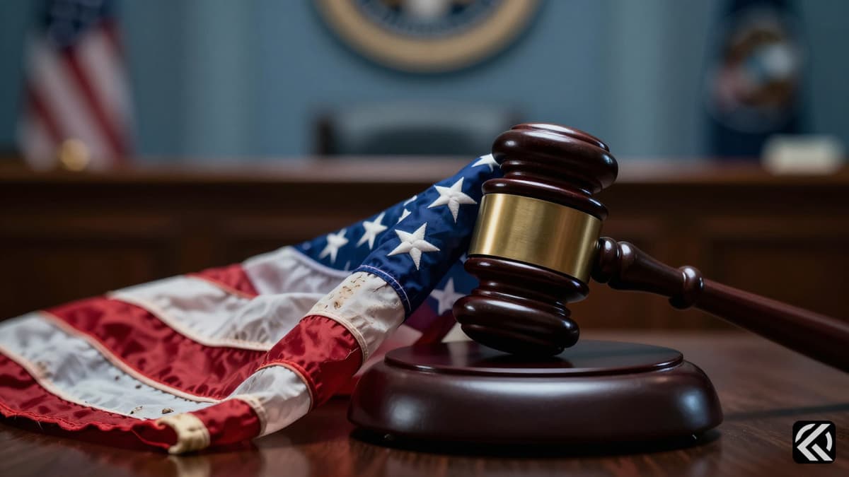 Gavel resting on a wooden desk with an American flag symbolizing legislative power