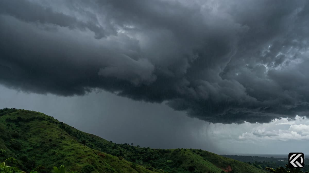 Dark storm clouds gathering over the green landscape of Kerala signaling the start of the monsoon season.