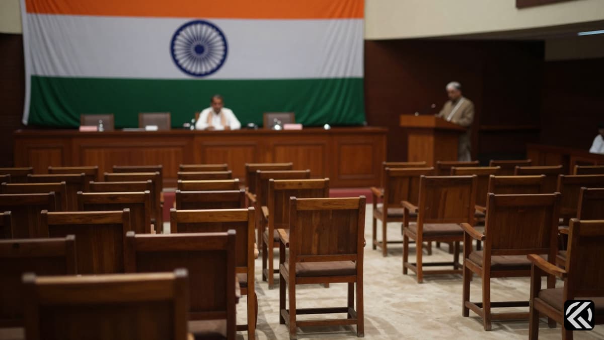 Empty political meeting hall with podium and flags symbolizing party dissolution