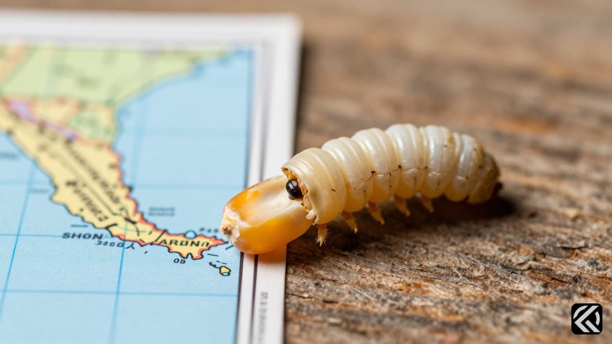 Macro view of New World Screwworm larva near a map of the US-Mexico border region.
