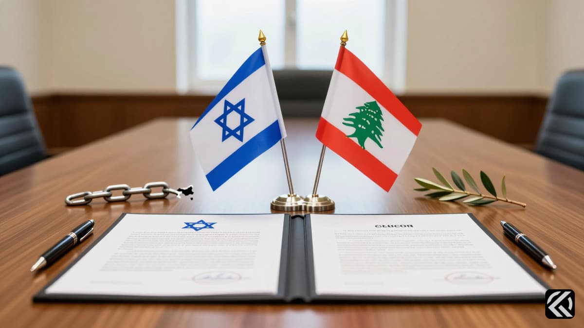 Documents signed by Israel and Lebanon flags on a table symbolizing peace talks.