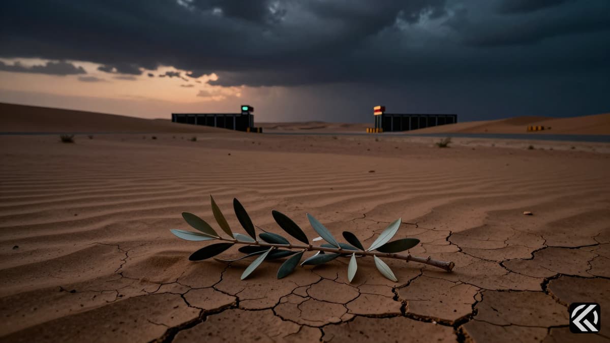 Desert landscape with olive branch and distant military checkpoints symbolizing West Asia conflict.