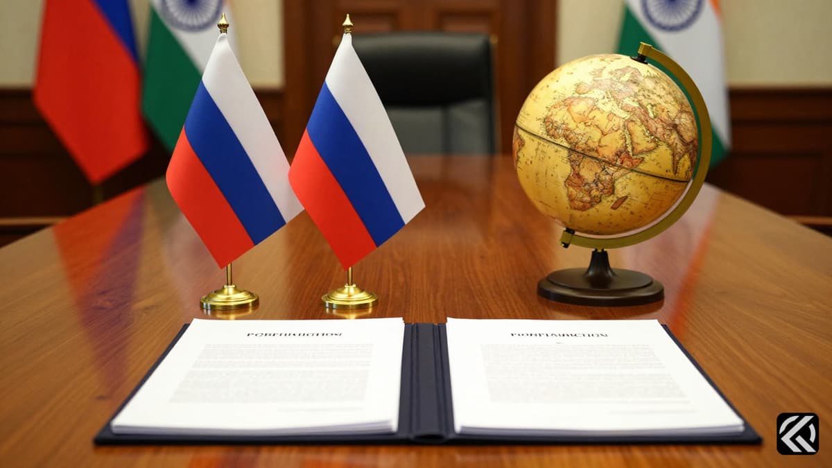 Russian and Indian flags on a diplomatic table with economic documents.