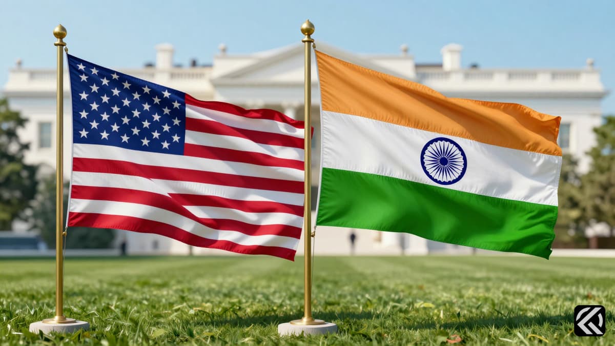 US and Indian flags flying side by side on a lawn
