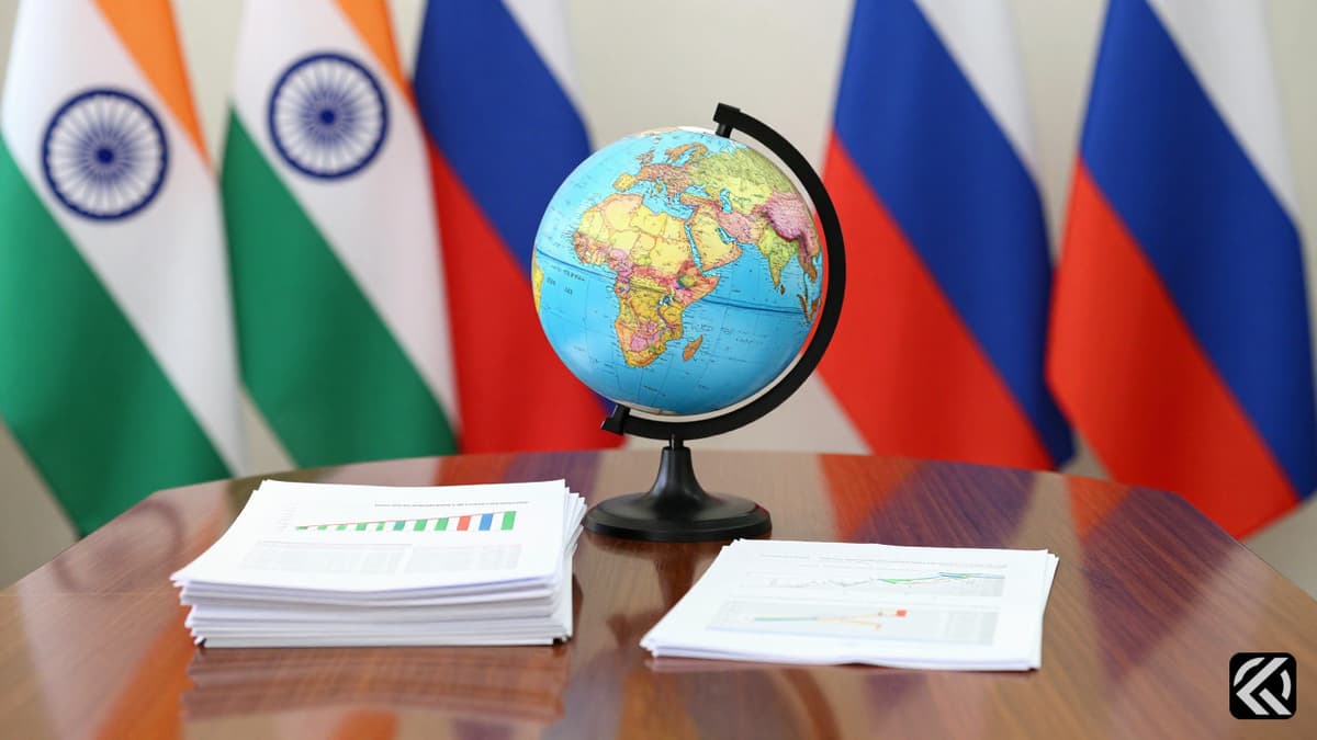 Symbolic image of Indian and Russian flags on a table representing diplomatic cooperation.