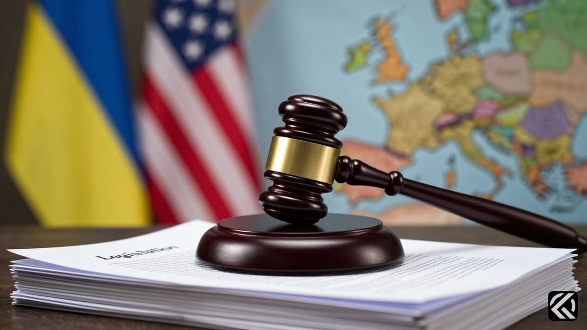 Gavel on legislation with Ukrainian and US flags symbolizing aid vote