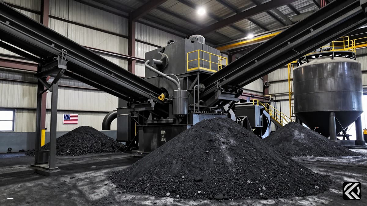 Industrial coal processing facility with machinery and raw coal piles