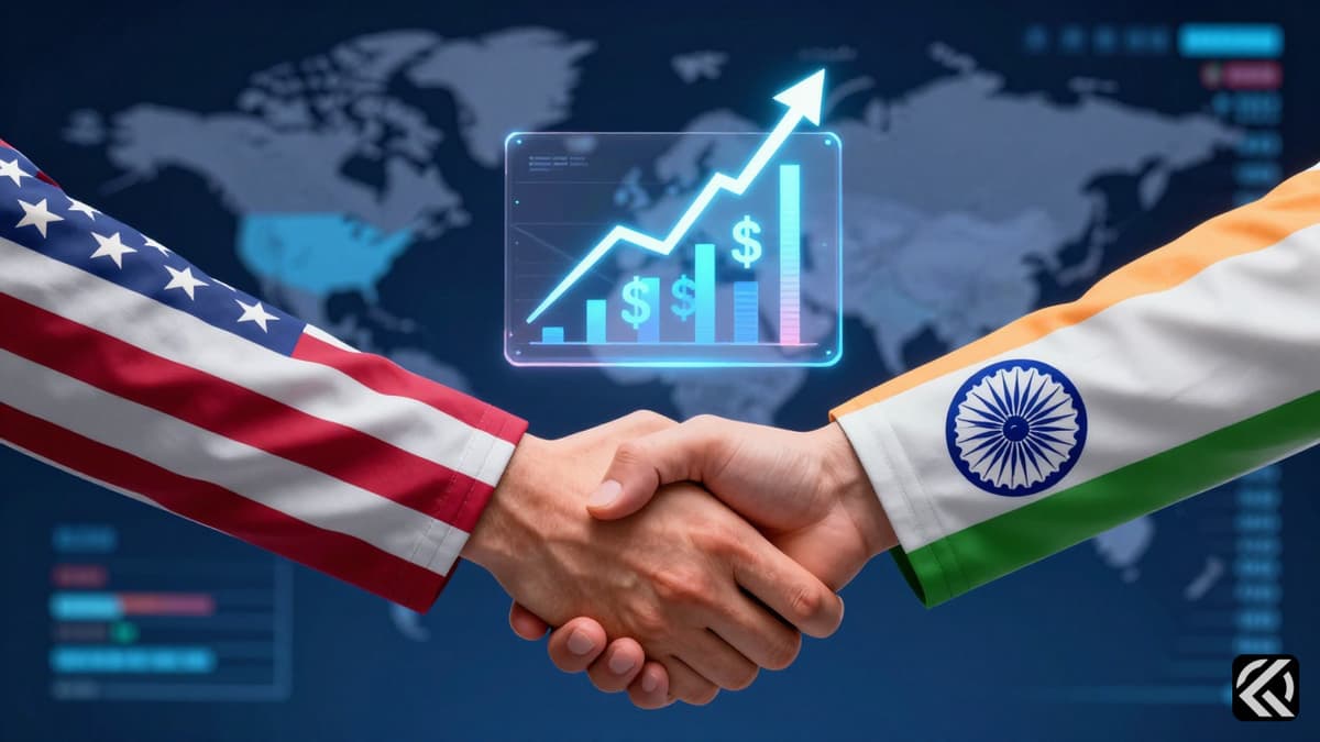 Symbolic handshake representing US-India trade negotiations with financial charts in background