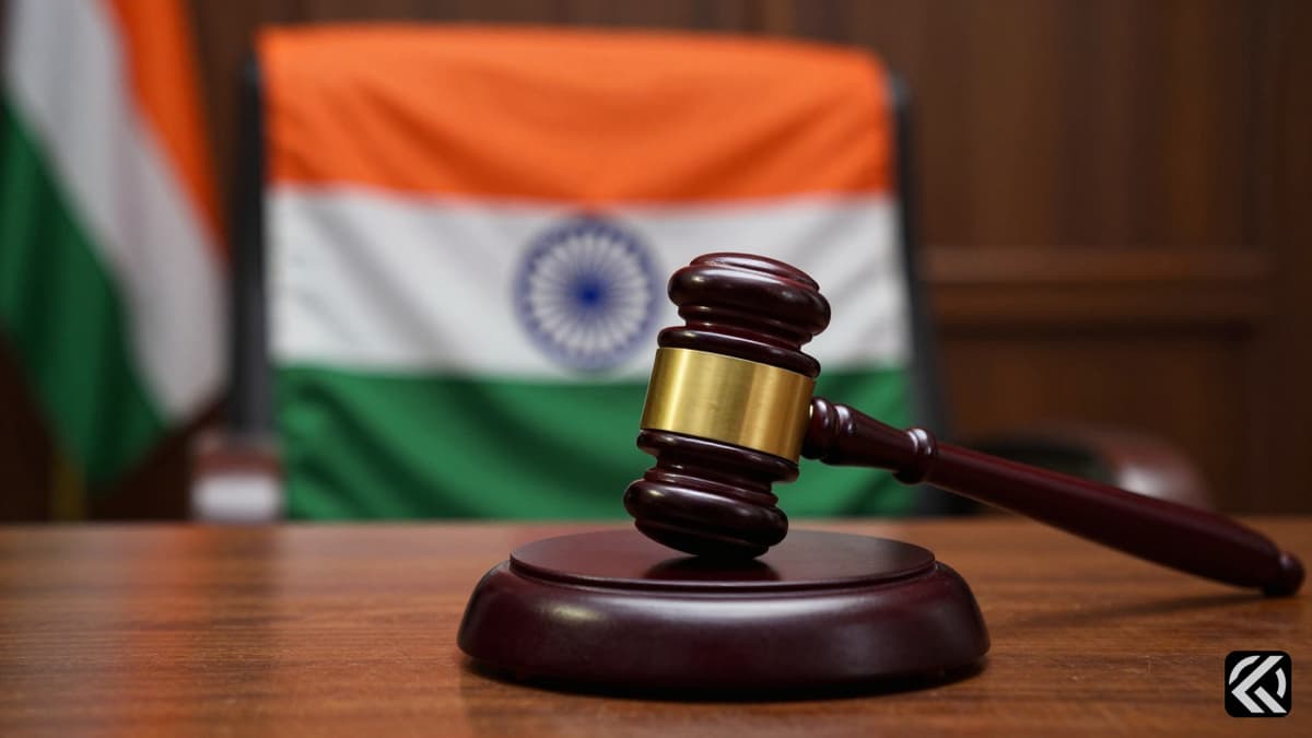 Gavel on bench with blurred Trinamool Congress flag background symbolizing political turmoil.