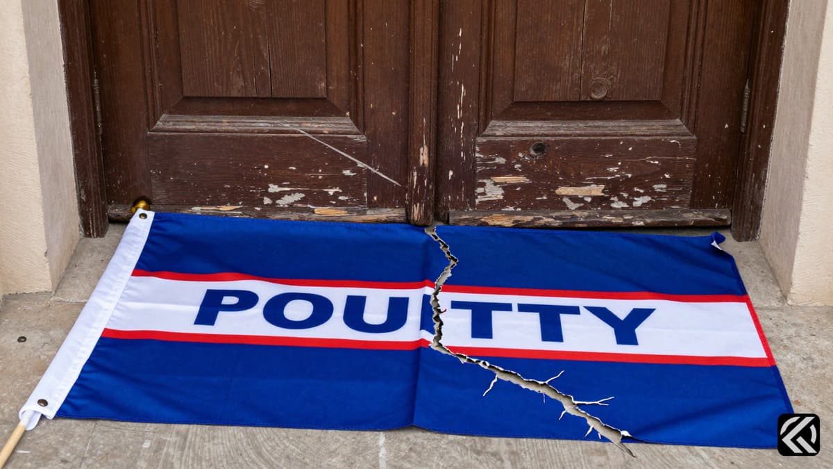 A damaged political flag on the ground symbolizing party division