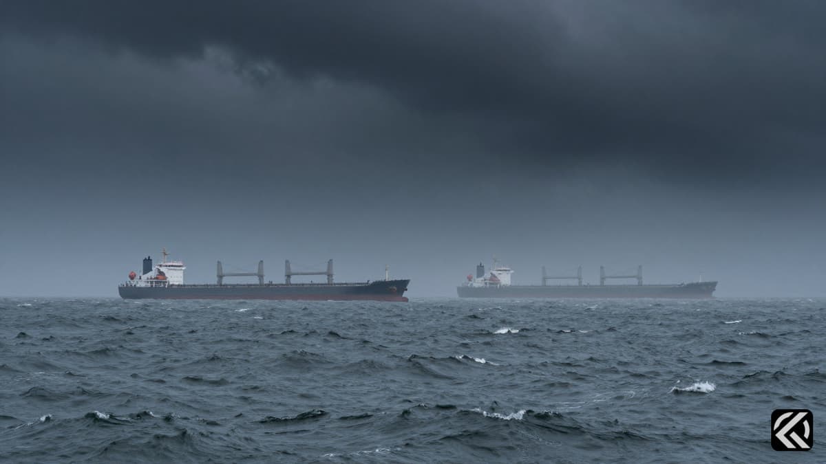 Dark cargo ships in turbulent sea waters under stormy skies symbolizing maritime conflict.