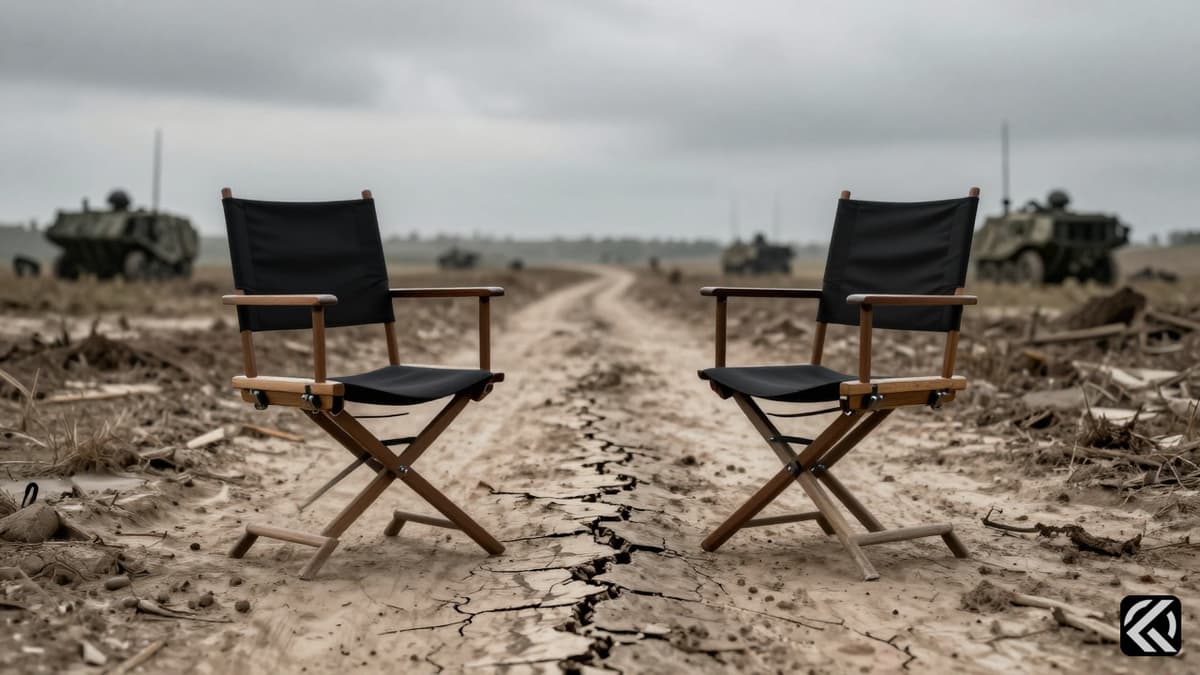 Two empty chairs on a war-torn road symbolizing failed peace talks between Russia and Ukraine.