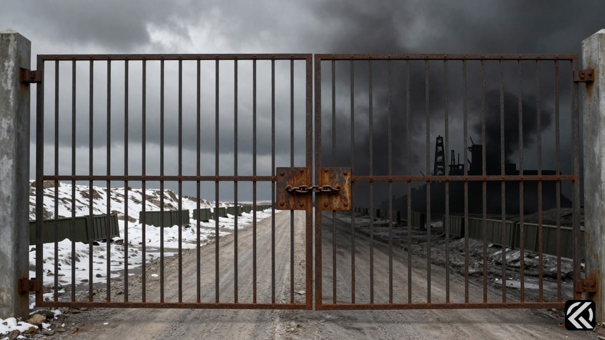 Closed iron gate between snowy and shadowed landscapes symbolizing diplomatic stalemate.