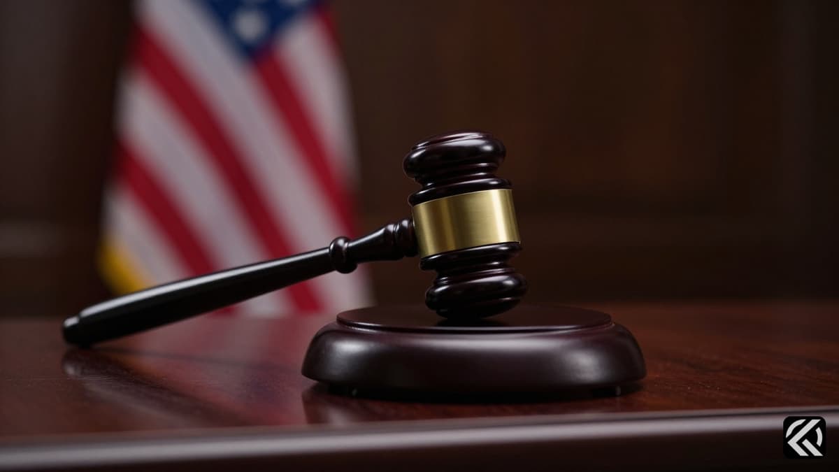 Black gavel on wooden bench with blurred US flag background