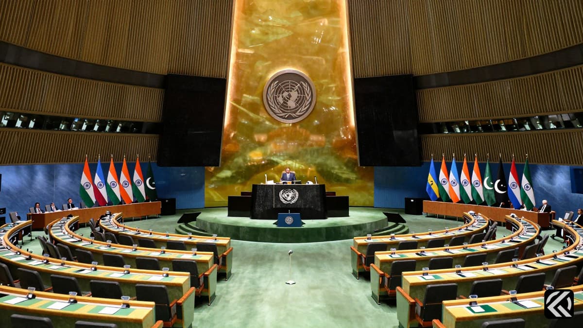 View of the UN General Assembly hall with Indian and Pakistani flags at their stands.