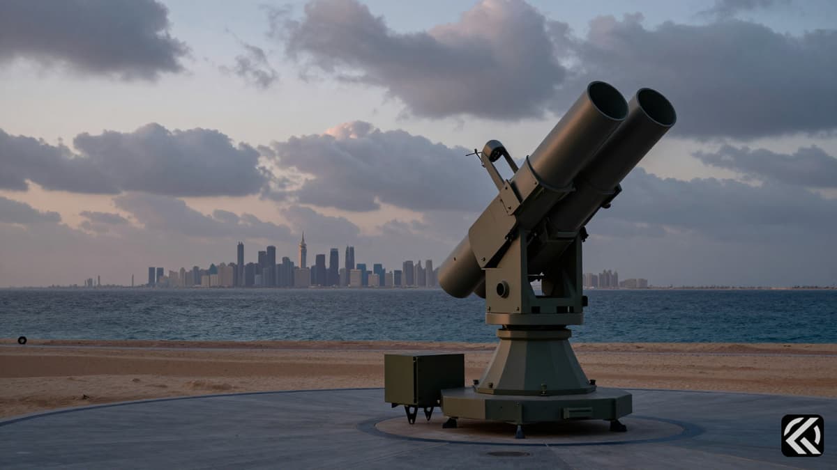Coastal defense radar system and missile launcher overlooking the Gulf at twilight.